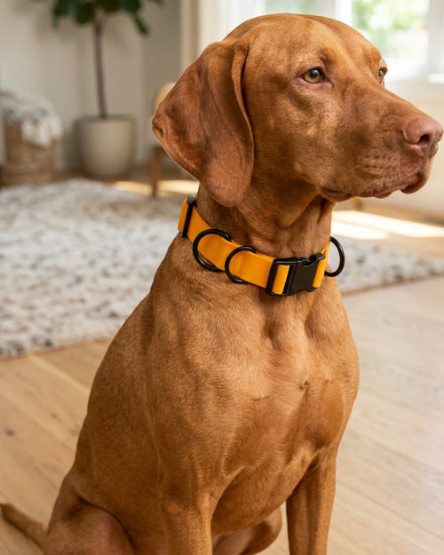 Staen TPU-Coated Webbing Dog Collar 32-50 cm Marigold - Lifestyle view